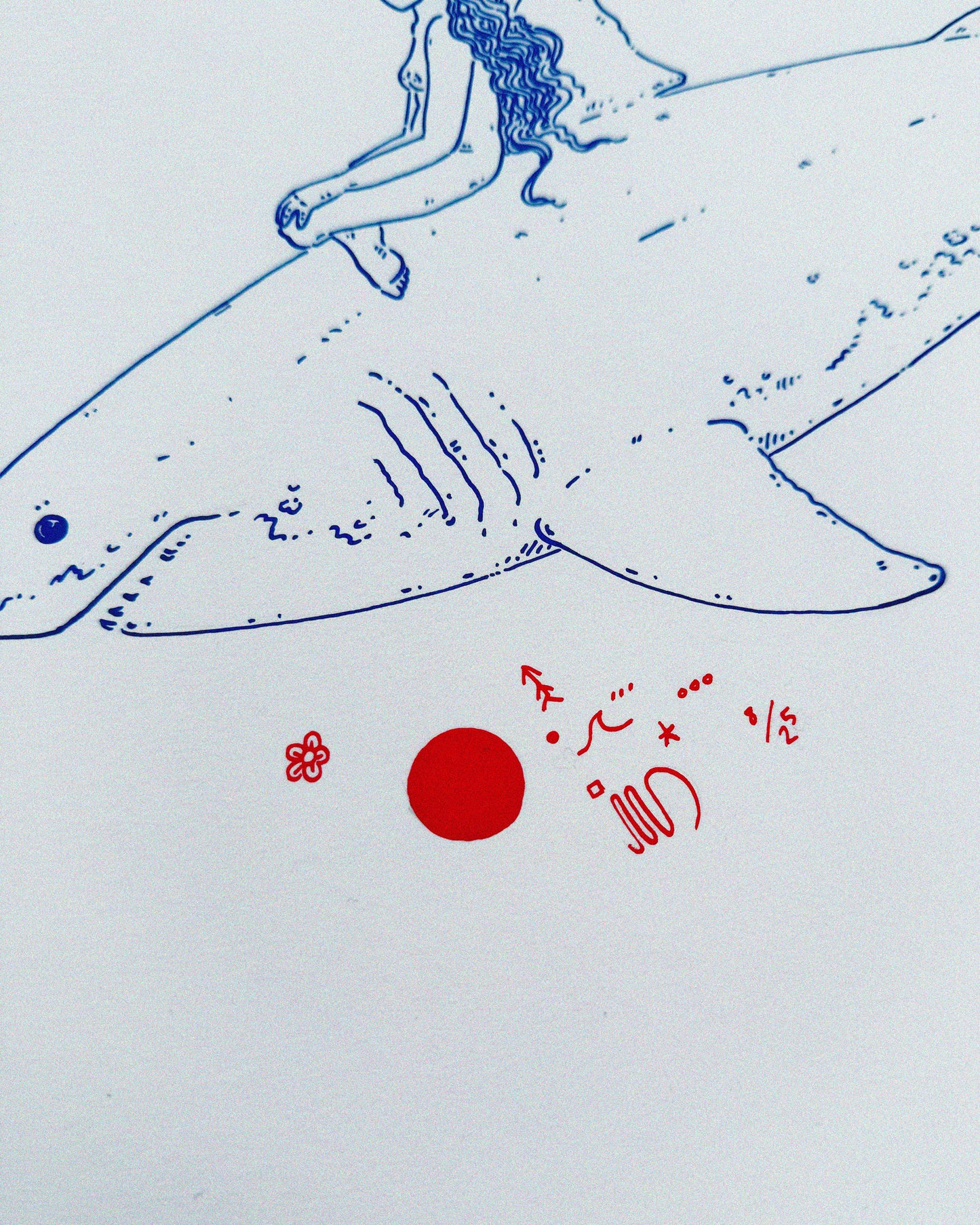 Illustration of a person sitting on a shark with red elements and text on a light gray background