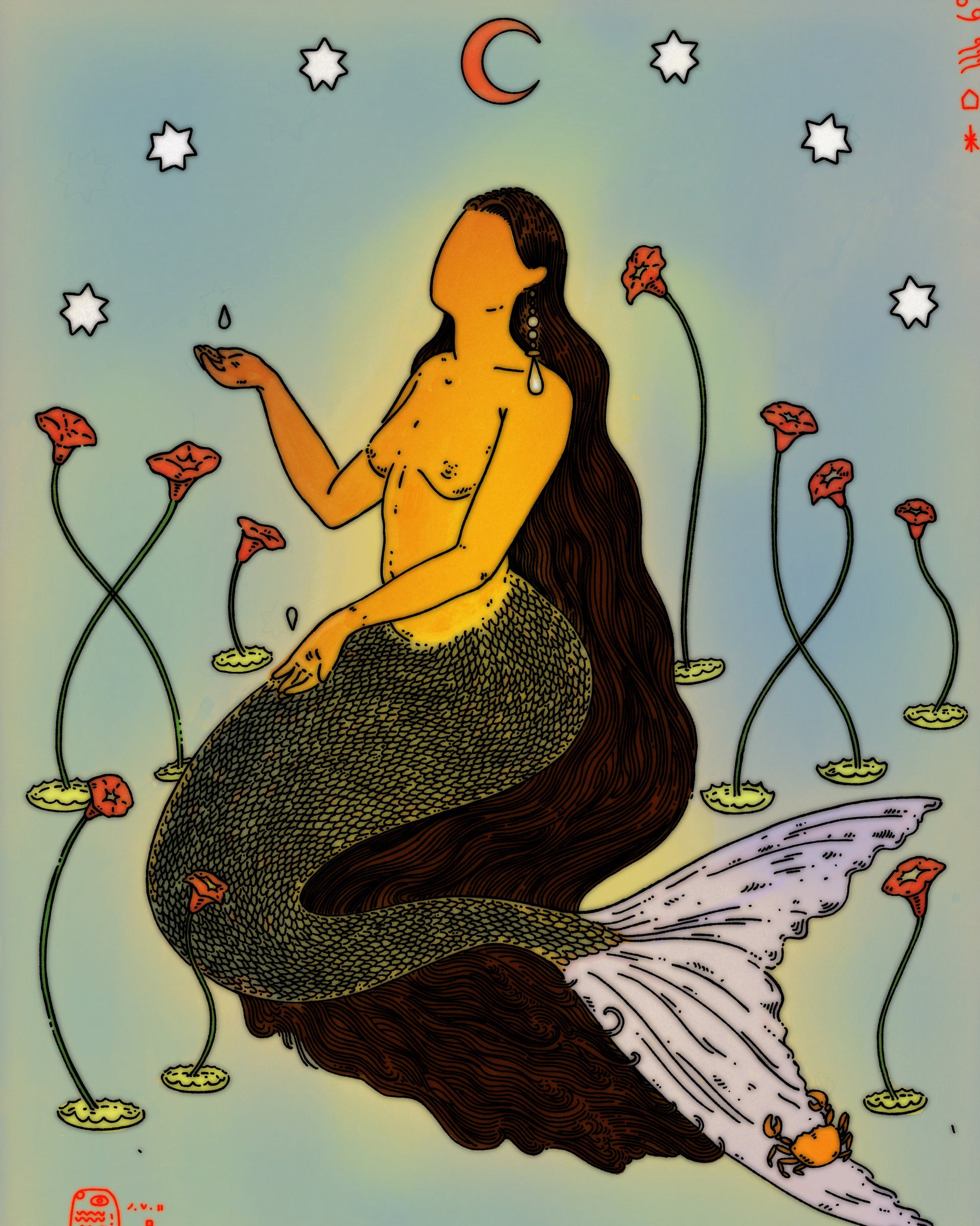 A stylized art print featuring a mermaid with long dark hair, a green scaled tail, and a white wing-like fin, seated among red flowers and white stars on a pale blue background. Signed and numbered artwork is visible around the border.
